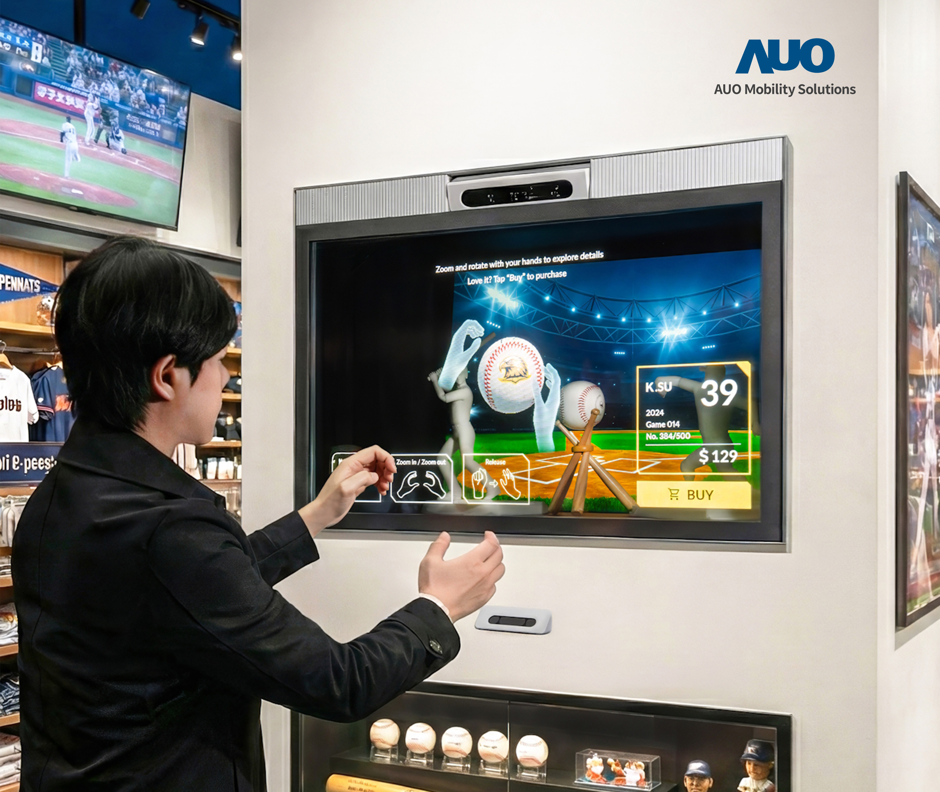 64吋Sports AR Solution提供实体赛事与Micro LED透明显示器对应互动的运用，对于参赛者或队伍有更多信息需了解，或更多营销互动，都可轻松在透明显示屏幕上完成，助攻营销互动新纪元。