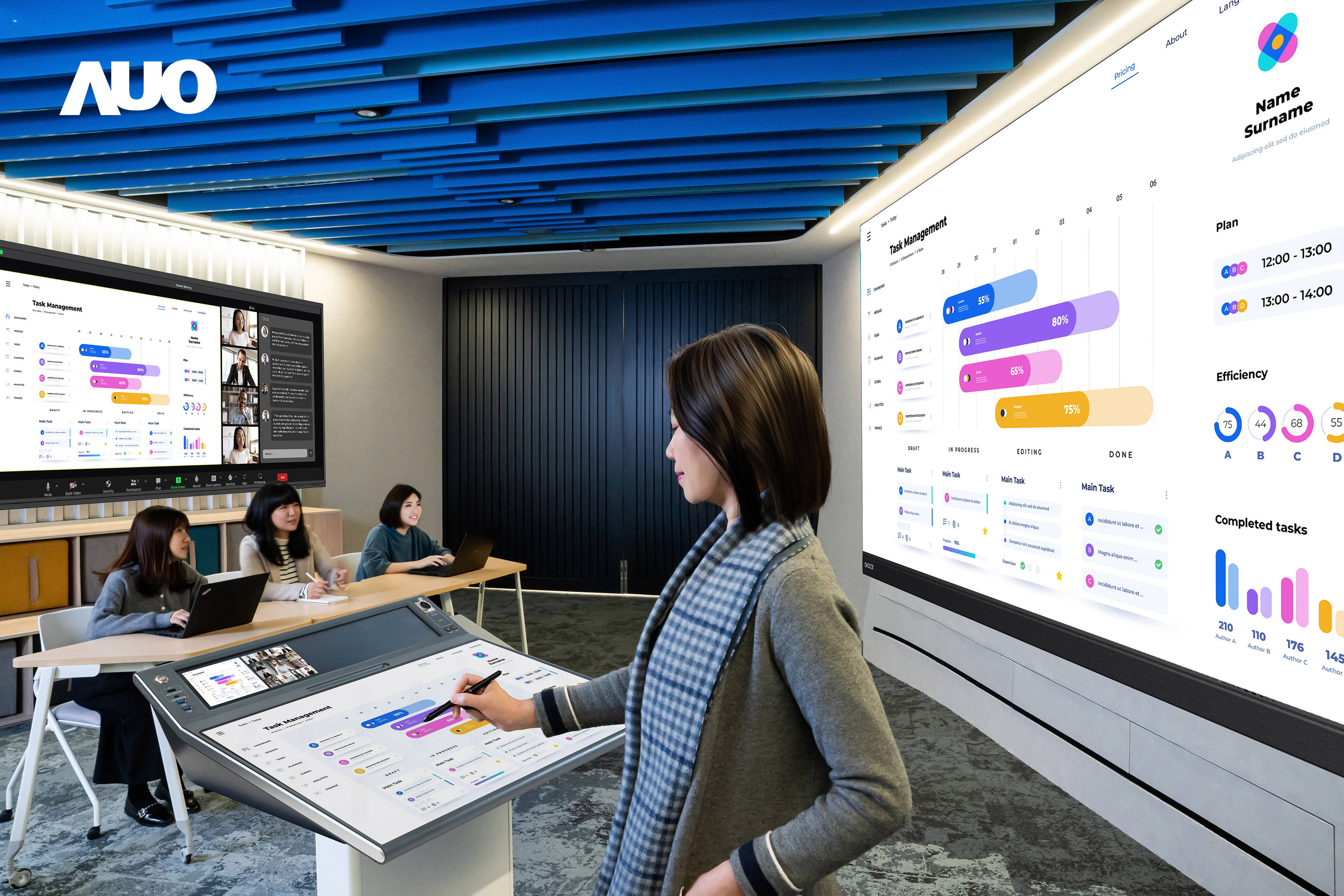 达擎携手Avocor与Rise Vision展示全方位商务领域应用，包含采用模块化设计的138吋一体式All-in-One LED显示器及具21:9超宽比例的92吋交互式电子白板（IFPD），讲者可轻松分享内容，有效提升会议协作效率。